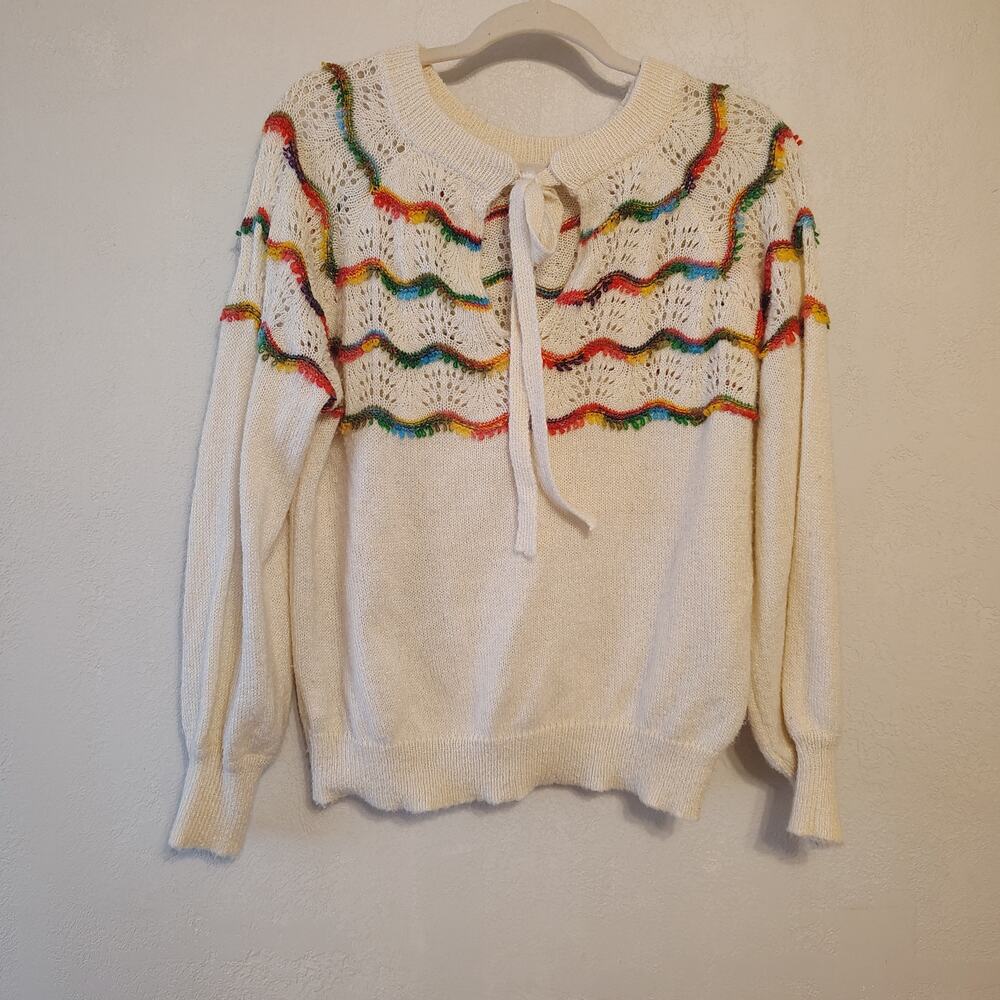 AntheWhy Rainbow Trim Tie Neck Sweater Ivory Fuzzy Knit Boho Cottagecore M M/L
